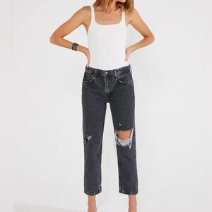 Etica Rhea Midrise Smokey Mountain Distressed Straight Jeans - Black 32